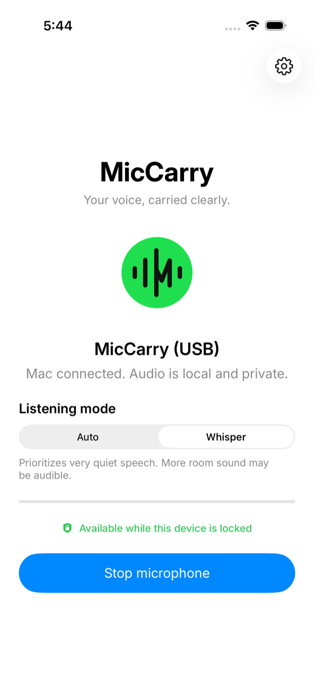 MicCarry on iPhone during an active USB session: MicCarry (USB), Mac connected — audio is local and private, Whisper listening mode, and a Stop microphone button.