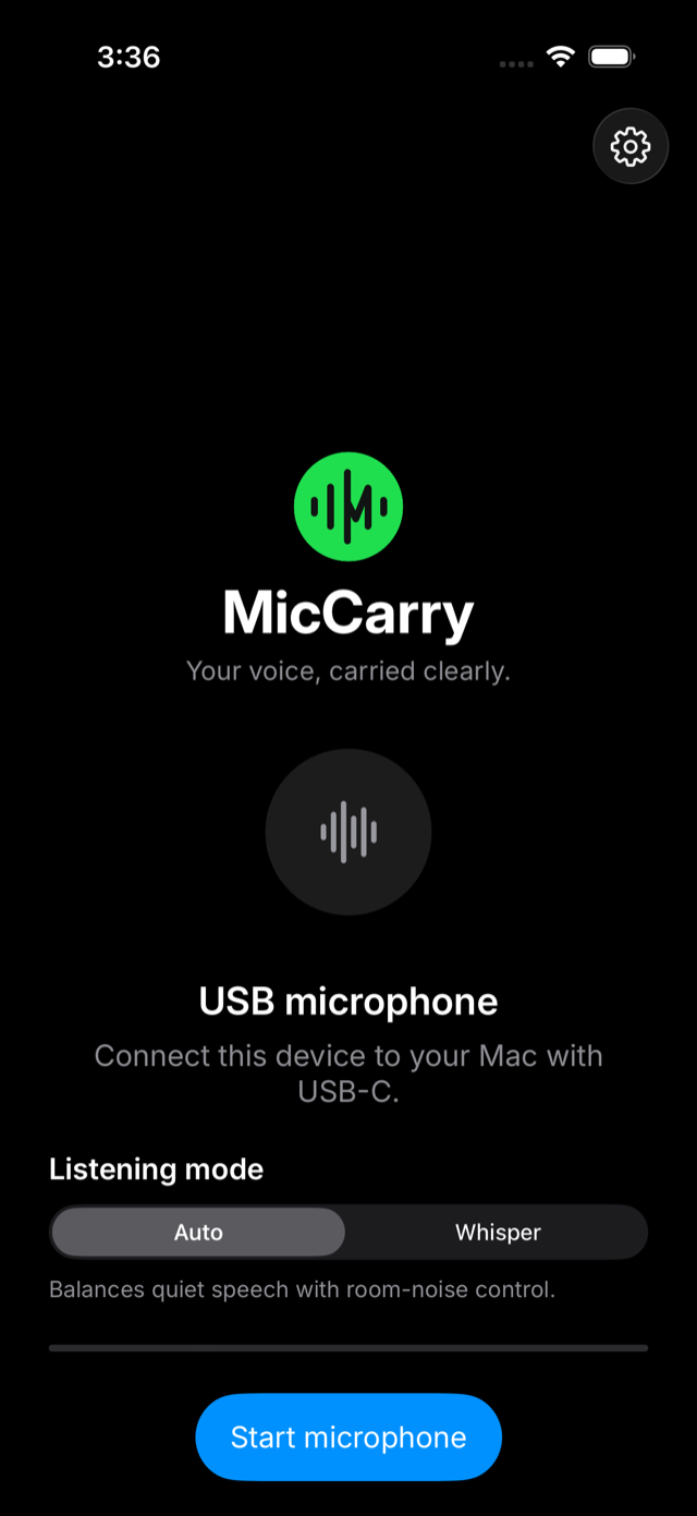 MicCarry on iPhone in dark mode, before a session: USB microphone — connect this device to your Mac with USB-C.