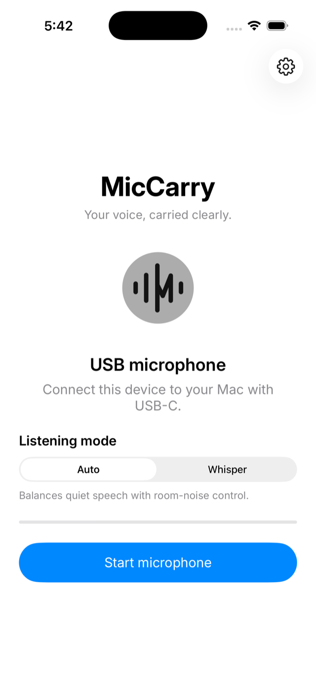 MicCarry on iPhone before a session: USB microphone, connect this device to your Mac with USB-C, Auto listening mode, Start microphone button.
